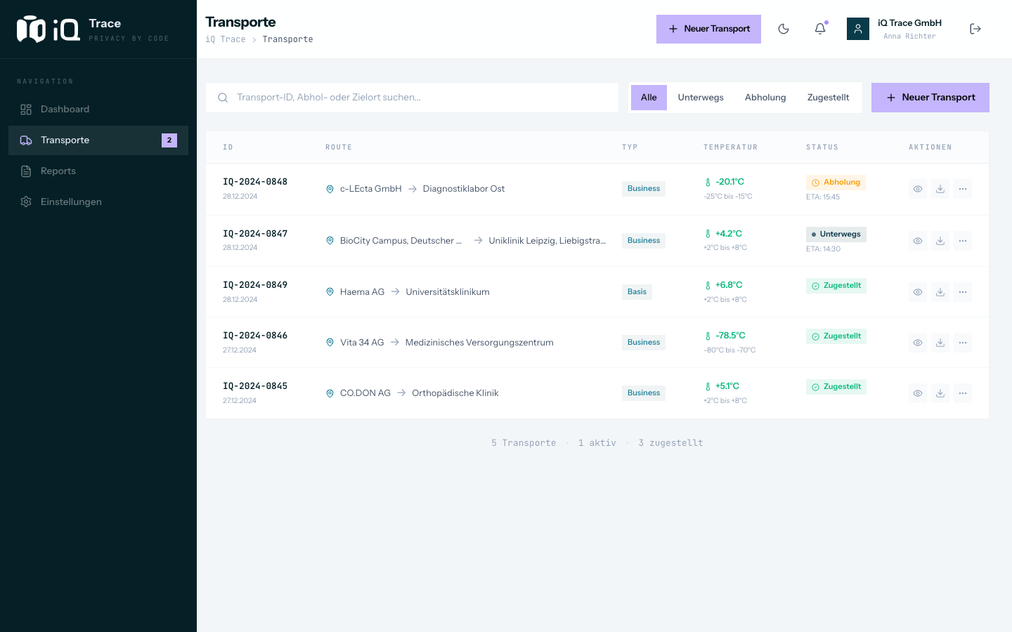 Liste der Transporte mit Status und Filtern